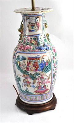 Lot 291 - Cantonese famille rose vase, drilled and now converted to a lamp