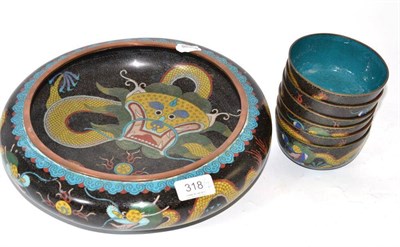 Lot 318 - Six Chinese cloisonne small bowls and large bowl with dragon picture