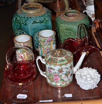 Lot 324 - Two Japanese pottery vases, pair of famille rose cylinder vases and teapot, two ruby glass...