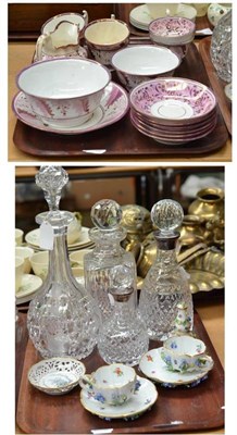 Lot 333 - Two Meissen porcelain cabinet cups and saucers, four decanters, pink lustre etc