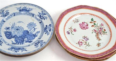 Lot 338 - Three Chinese blue and white plates and three famille rose plates (6)