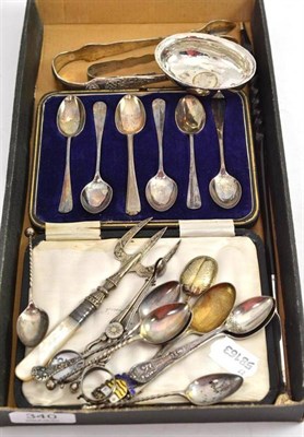 Lot 340 - Cased set of six silver teaspoons, silver sugar tongs, etc