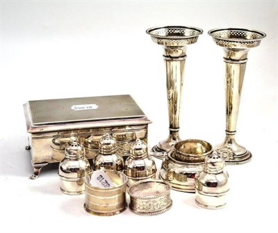 Lot 359 - A collection of silver including a trinket box, cruet set, pair of vases, strainer etc