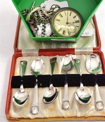 Lot 362 - Six silver teaspoons, two pocket watches and a 1900 Crown