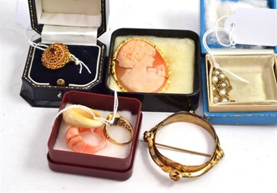 Lot 368 - A cultured pearl necklace, a citrine ring stamped '10K', a cameo brooch, a brooch frame, an...