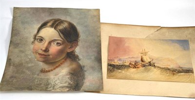 Lot 371 - A 19th century watercolour study of a young girl wearing an amber necklace and a watercolour of...