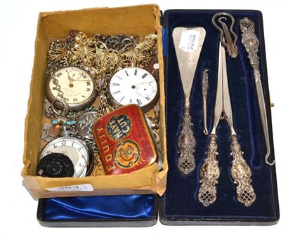 Lot 383 - A cased set of silver handled button hooks and shoe horns, a small quantity of pocket watches,...