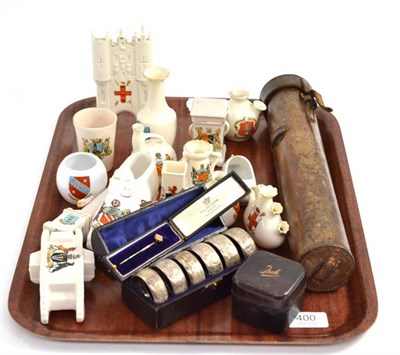 Lot 400 - A tray including crested china, a telescope, set of six silver napkin rings etc