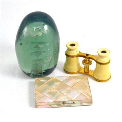 Lot 410 - A Victorian mother of pearl card case, a pair of ivory opera glasses and a green glass dump...