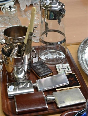 Lot 414 - A large silver plated claret jug, hip flasks, plated wares, silver cigarette case etc