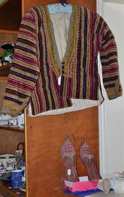 Lot 420 - Gents Turkish velvet striped jacket with gold brocade applique and gilt thread embroidery to...