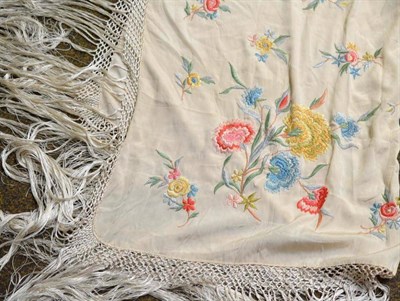 Lot 430 - Cream silk floral embroidered shawl