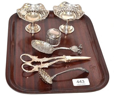 Lot 443 - Two bonbon dishes, two spoons and a glass jar