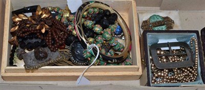 Lot 451 - A small quantity of jewellery including a silver buckle, cased set pieces, a cameo, beads etc.