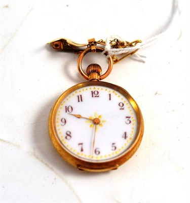 Lot 455 - A lady's fob watch, case stamped 14k, with a 9ct gold bow brooch (2)