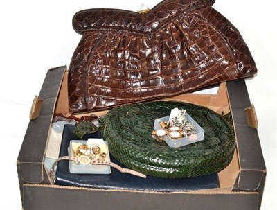 Lot 471 - Crocodile brown leather bag, navy and brass mounts, another bag and costume jewellery including...