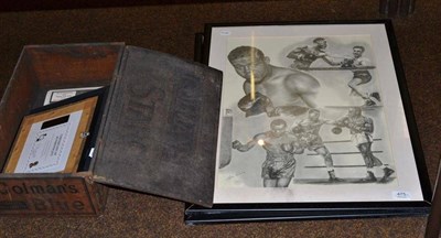 Lot 475 - Four framed boxing limited edition pictures, Coleman's wooden box and war medals