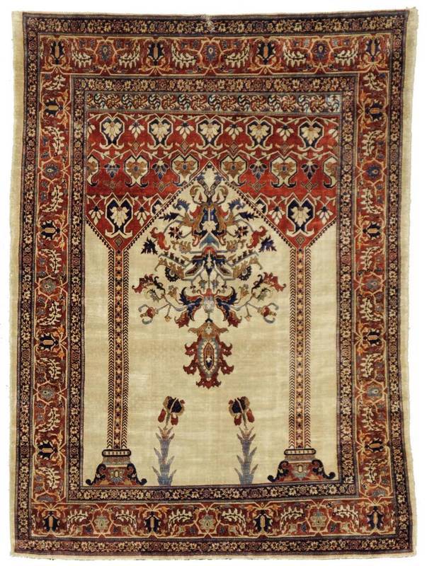 Lot 996 - Rare Silk Heriz Prayer Rug Persian Azerbaijan The ivory field with hanging lamp and angular...