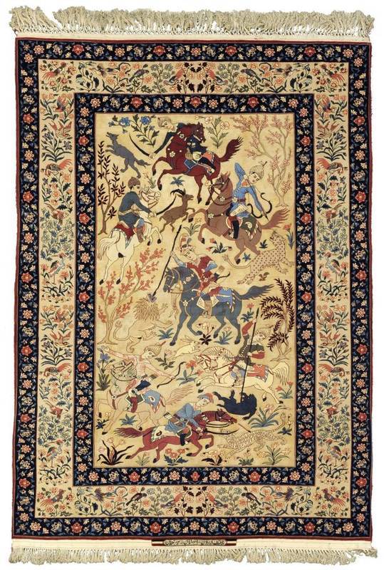 Lot 997 - Fine Seirafian Part Silk Rug Isfahan, Central Persia The pale corn field depicting a hunting...