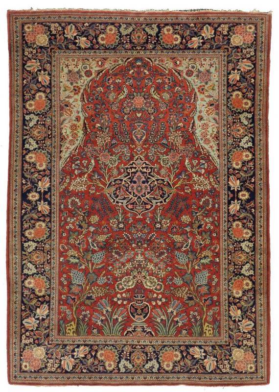 Lot 998 - Good Kashan Prayer Rug Central Persia The brick red field with indigo central panel flanked by...