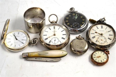 Lot 3 - Three silver cased pocket watches, a military pocket watch, a silver napkin ring, a fruit...