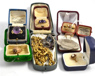 Lot 6 - A ruby and diamond two stone twist ring, assorted dress rings, a locket, brooches, chain, etc