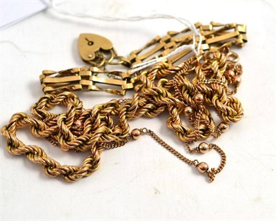 Lot 38 - A 9ct gold rope twist neck chain, a 9ct gold gate link bracelet and a fancy link chain