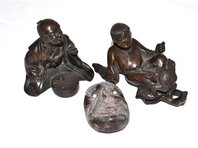 Lot 39 - Two Japanese bronze figures and a miniature Noh mask