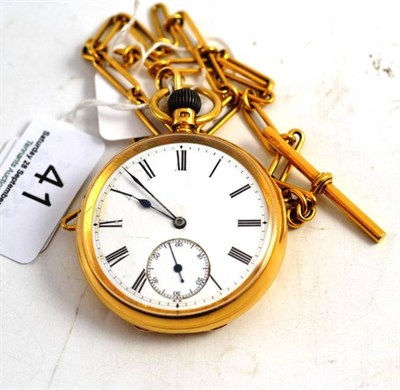 Lot 41 - An 18ct gold open faced pocket watch and a watch chain with T-bar, stamped 22c