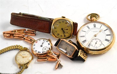 Lot 44 - A gold plated pocket watch, a gold gent's wristwatch and three gold lady's wristwatches