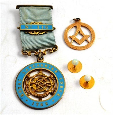 Lot 46 - Blue enamelled Lancashire Lodge jewel, 9ct gold Masonic pendant and opal collar studs