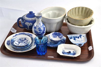 Lot 53 - Three jelly moulds, fruit decorated coffee service, another coffee service, blue and white ceramics