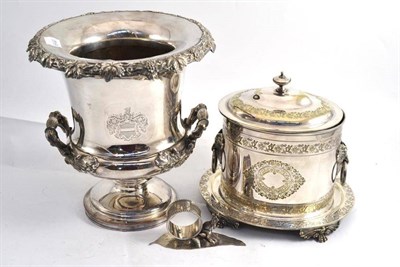 Lot 57 - Plated wine cooler, wafer box and napkin ring