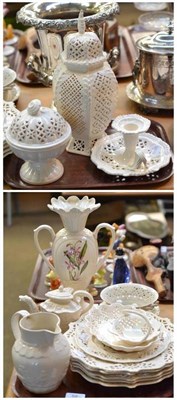 Lot 58 - Collection of creamware including two vases, chamberstick, teapot, baskets, jug and plates