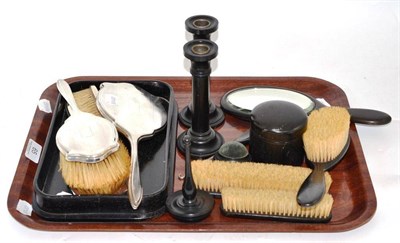 Lot 65 - Silver three piece dressing table set, plated brush and ebony dressing table set