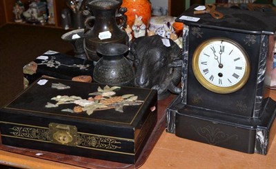 Lot 68 - Bronze rams head, black slate clock etc