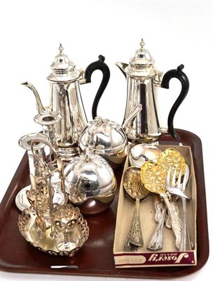 Lot 74 - A pair of dwarf silver candlesticks, a pair of plated cafe au lait pots, an egg cruet, a pair...