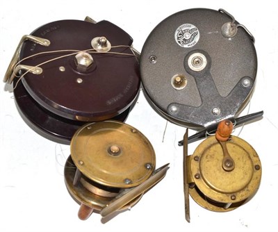 Lot 111 - A brass plate reel, a small brass reel, an Allcock Aerialite Bakelite reel and an alloy reel