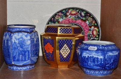 Lot 130 - A Maling iridescent Peony decorated plate, two Maling blue and white vases, a Maling pansy...