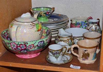 Lot 133 - Maling lustre bowl, jug and dish, Maling plate and teapot, pair of Satsuma style mugs, Japanese...