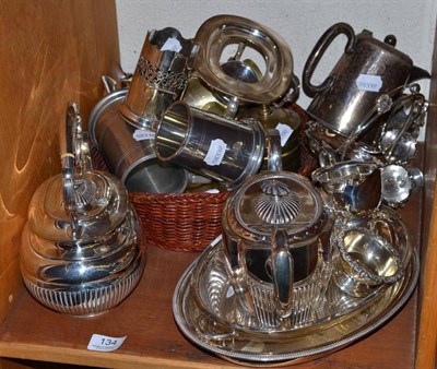 Lot 134 - Quantity of electroplate including spirit kettle, entree dish, egg cruet etc