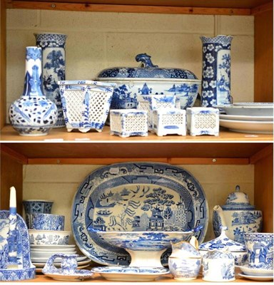 Lot 139 - Collection of Chinese and English blue and white porcelain and pottery (on three shelves)