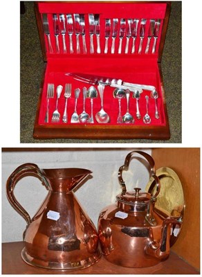 Lot 141 - Copper kettle, jug, Eastern plaque and a plated canteen