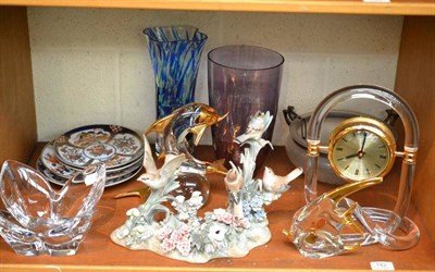 Lot 142 - A Lladro figural group with four birds, an art glass vase and bowl, ceiling light, clock etc