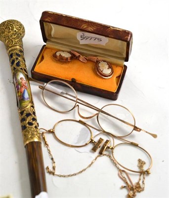 Lot 145 - Two pairs of gilt metal spectacles, a parasol handle and a pair of 9ct gold cufflinks