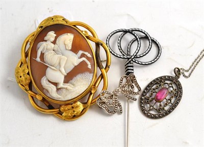 Lot 165 - A cameo brooch, a bow brooch, a hat pin and a paste pendant on chain