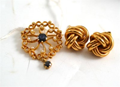 Lot 166 - A pair of 9ct gold knot earrings and a 9ct gold sapphire and seed pearl brooch pendant