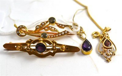 Lot 172 - A seed pearl brooch, an amethyst brooch, an amethyst and seed pearl earring and a garnet pendant on