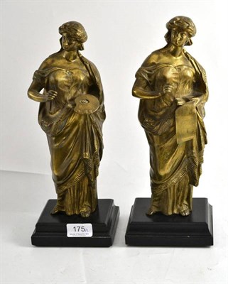 Lot 175 - Two bronzed figures representing art and literature, on ebonised bases