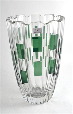 Lot 176 - A Val Saint Lambert clear cut glass vase, the facet cut body with green rectangular reserves,...